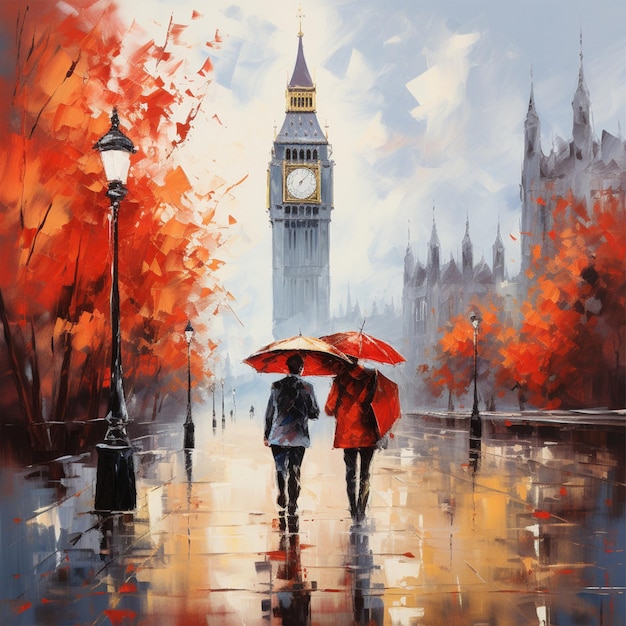 Pintura al óleo en lienzo calle de París Obra de arte Big Ben hombre y mujer bajo un paraguas rojo