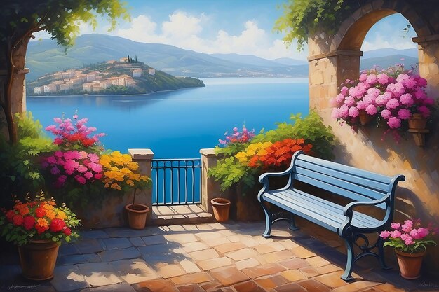 Una pintura al óleo en lienzo de una vista hacia el lago en Castel Gandolfo, Italia, con un romántico banco enmarcado por flores de colores en flor