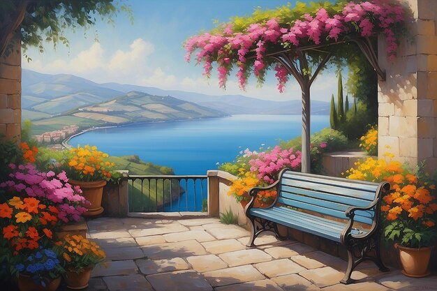 Una pintura al óleo en lienzo de una vista hacia el lago en Castel Gandolfo, Italia, con un romántico banco enmarcado por flores de colores en flor