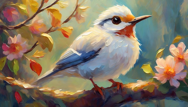 Pintura al óleo de un lindo pájaro blanco en una rama floral Arte dibujado a mano Temporada de primavera