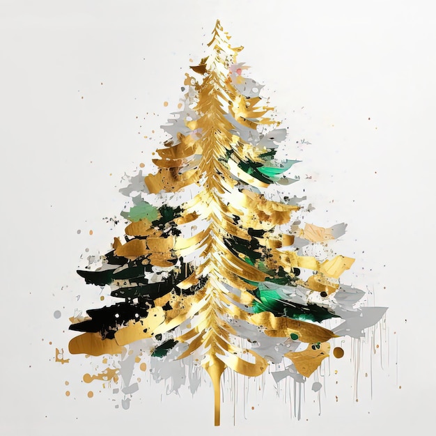 Pintura al óleo de lujo del árbol de Navidad Colores dorados y verdes sobre fondo blanco Diseño de tarjetas de vacaciones