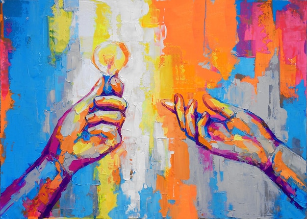 Pintura al óleo de manos el cuadro representa una metáfora para el trabajo en equipo conceptual abstracto primer plano de un óleo