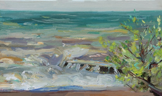 Pintura al óleo de mar abstracto paisaje marino turquesa impresionismo pleinair boceto obra original