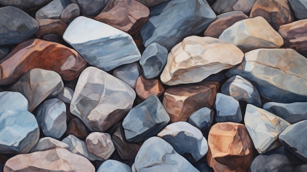Pintura al óleo monocromática de rocas agrupadas Detalles hiperrealistas por Patrick Brown