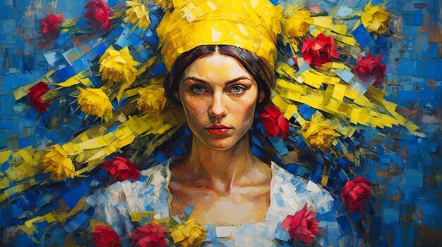 Pintura al óleo de una mujer en un fondo amarillo y azul Concepto de Ucrania IA generativa