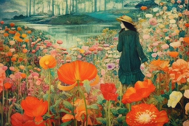 Pintura al óleo de una Mujer paseando por un campo de flores estilo artdeco