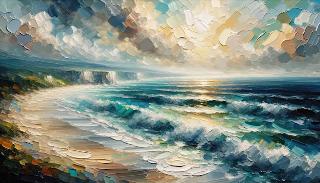 Pintura al óleo de la orilla del océano que demuestra la interacción de la agua ligera y la orilla
