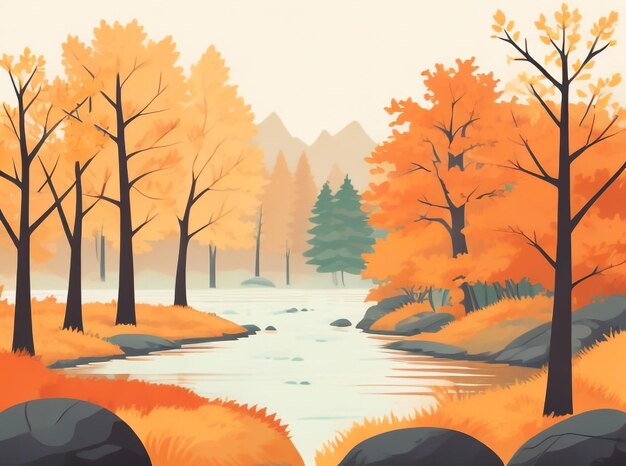 Foto pintura al óleo paisaje bosque de otoño cerca del río
