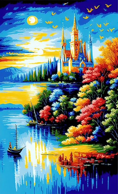 pintura al óleo paisaje ilustración de un hermoso colorido