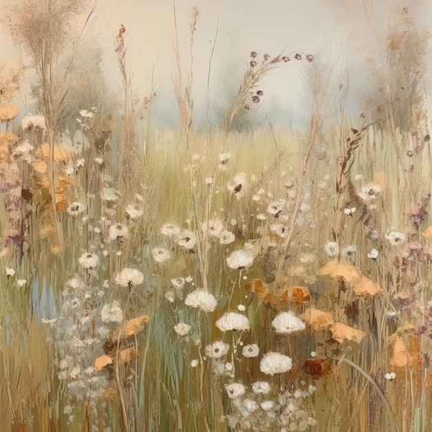 Pintura al óleo de paisajes de campos de flores silvestres