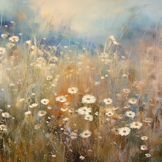Pintura al óleo de paisajes de campos de flores silvestres