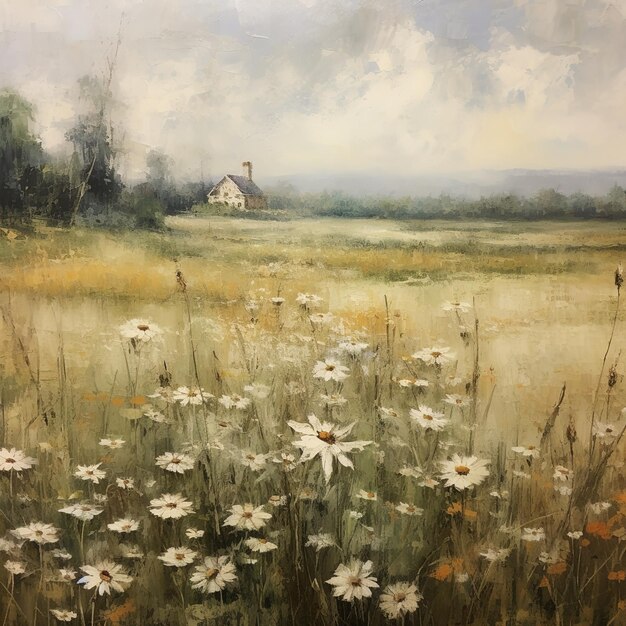 Pintura al óleo de paisajes de campos de flores silvestres