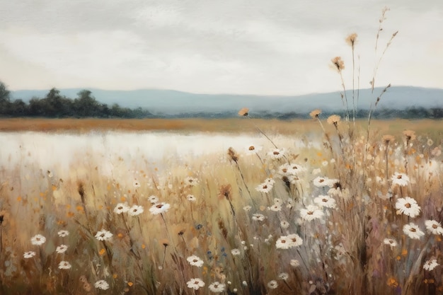 Pintura al óleo de paisajes de campos de flores silvestres