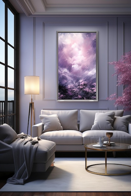 Pintura al óleo púrpura y gris de un cielo crepuscular adornado con volutas de nubes lavanda IA generativa