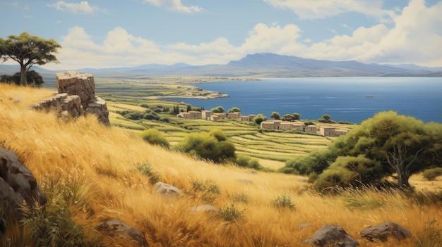 Pintura al óleo realista de una aldea agrícola de una isla griega con campos de trigo.