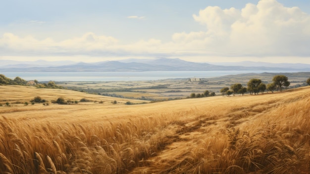 Una pintura al óleo realista de los campos de trigo de la isla griega