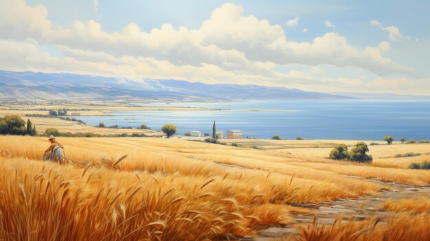 Pintura al óleo realista de una isla griega con campos de trigo y océano