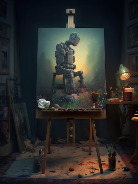 Una pintura al óleo de un robot sentado