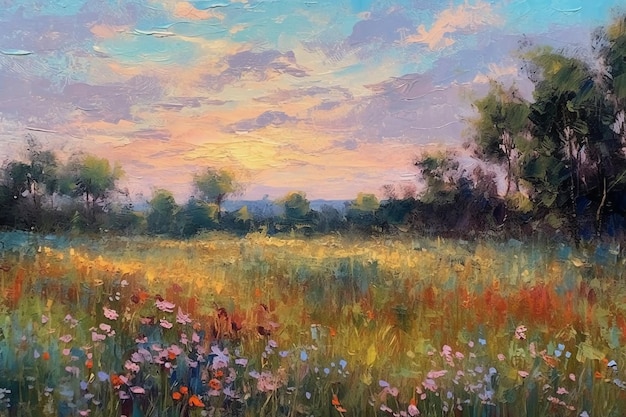Pintura al oleo sobre lienzo estilo impresionista de paisaje de campo con colores pastel muy suaves AI gener