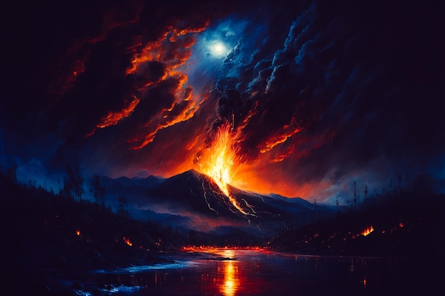 Foto una pintura al óleo sobre lienzo de un furioso incendio forestal en la noche