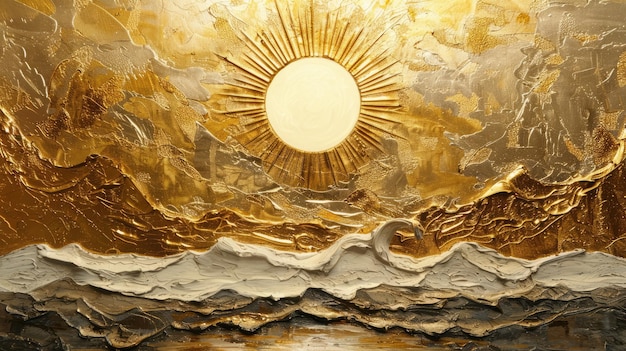 Pintura al óleo del sol dorado en lienzo hermoso cartel de textura abstracta