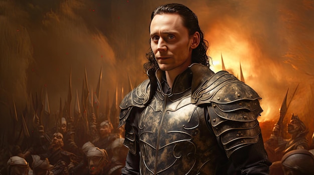 Una pintura al óleo de Tom Hiddleston como Loki en traje de guerrero