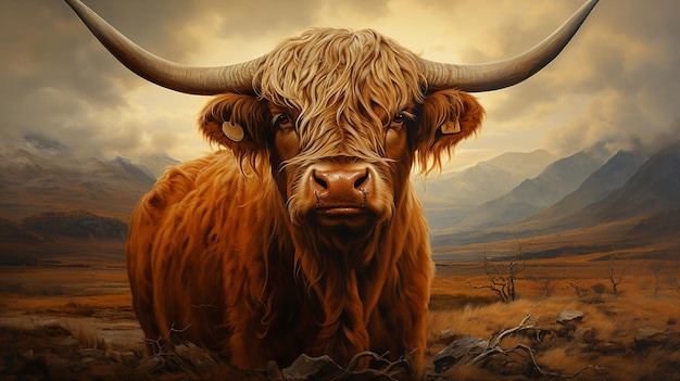 Pintura al óleo de vacas de las tierras altas de Escocia