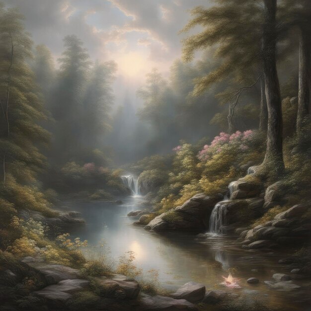 Pintura al óleo de verano naturaleza bosque paisaje fondo sobre lienzo IA generativa