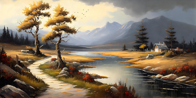 Pintura al óleo vibrante de una majestuosa vista del paisaje