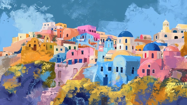 una pintura de una aldea con una cúpula azul y un techo rosa