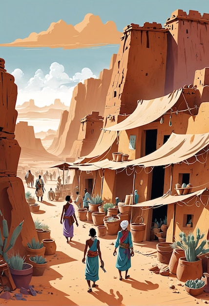una pintura de una aldea del desierto