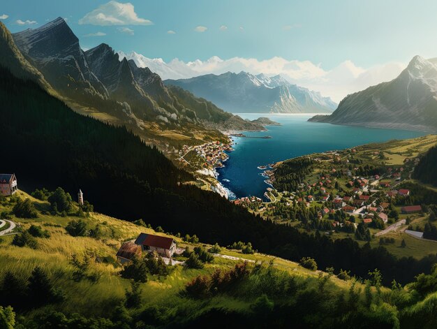 Foto una pintura de una aldea de montaña con un lago en el fondo