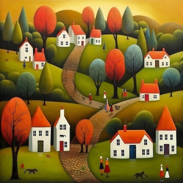 Foto una pintura de una aldea con un perro y casas