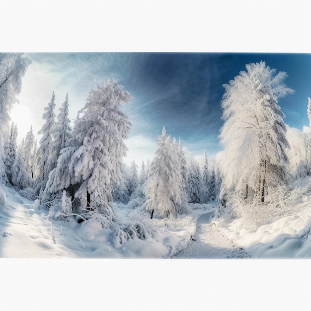 una pintura de algunos árboles cubiertos de nieve y el sol brillando a través de las nubes