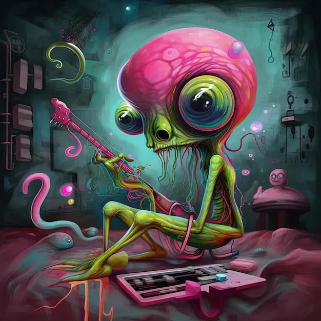 Foto una pintura de un alienígena tocando la guitarra