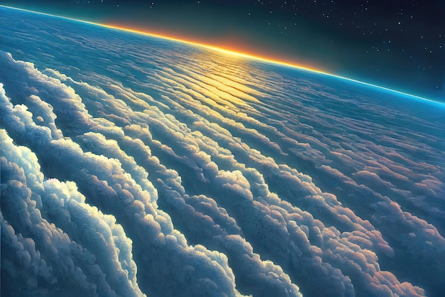 Una pintura de un amanecer sobre las nubes.