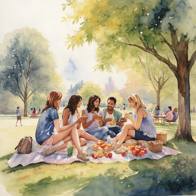 Pintura de amigos haciendo un picnic en un parque ai genrated