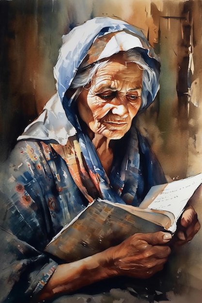 Una pintura de una anciana leyendo un libro.