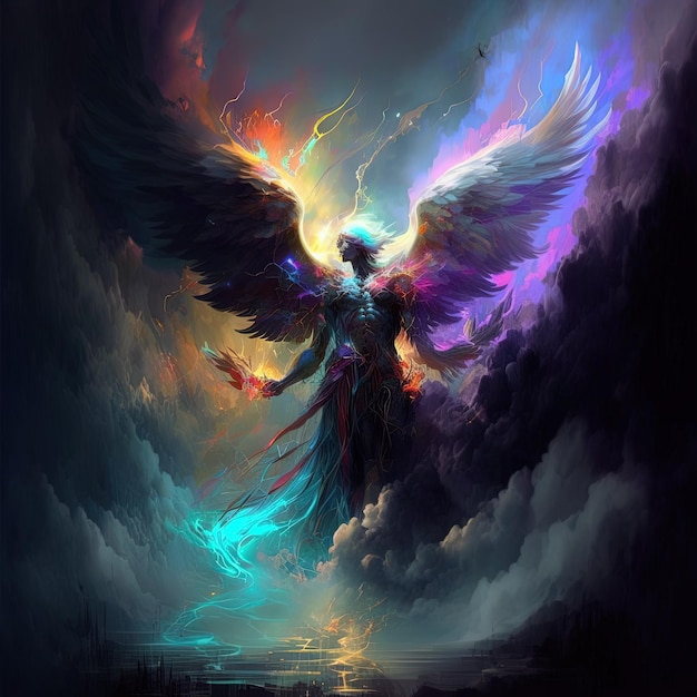 una pintura de un ángel con alas y un arco iris de colores