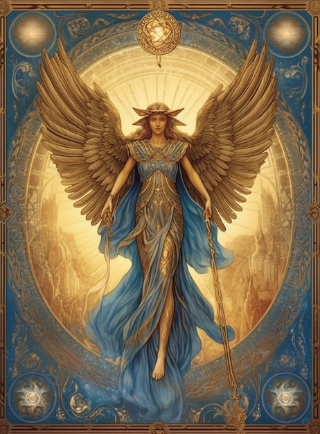 Una pintura de un ángel con un bastón y una corona de oro.