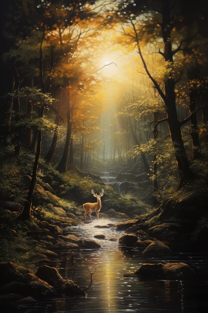 Una pintura de animales en el bosque