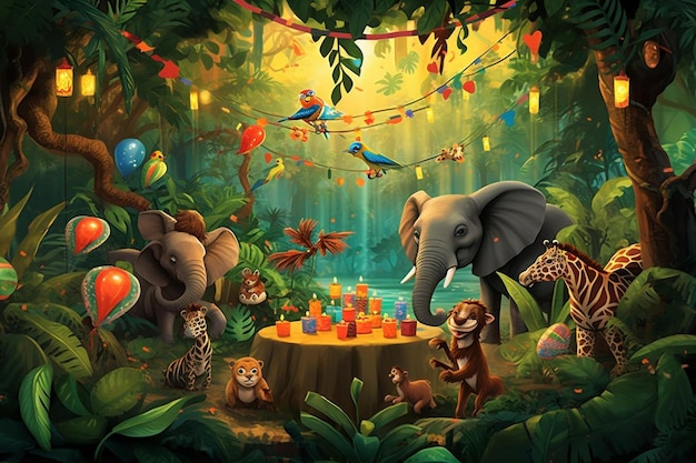 una pintura de animales en la selva con un pastel de cumpleaños y un montón de otros animales.