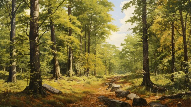 Pintura antiga de caminhos florestais no estilo de David Ligare