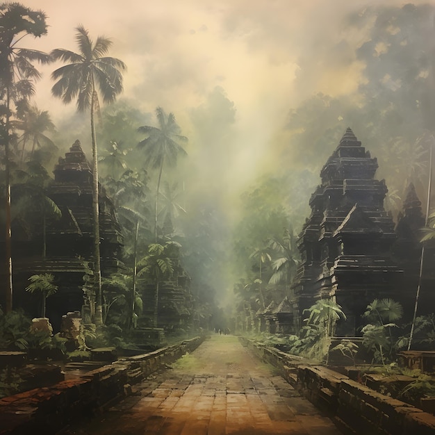 Foto una pintura de un antiguo templo con palmeras en el fondo