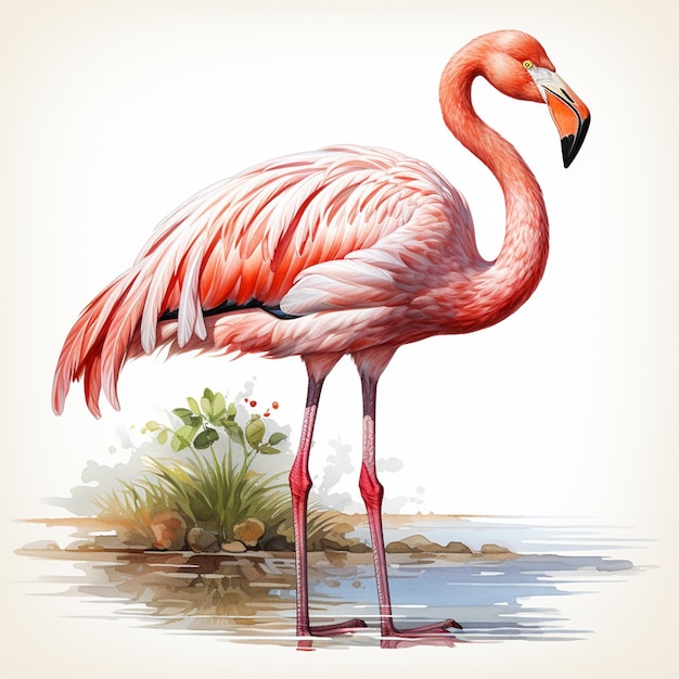 Pintura aquarela de um lindo flamingo rosa isolado em fundo branco