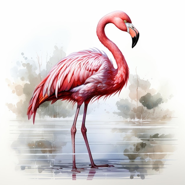 Pintura aquarela de um lindo flamingo rosa isolado em fundo branco