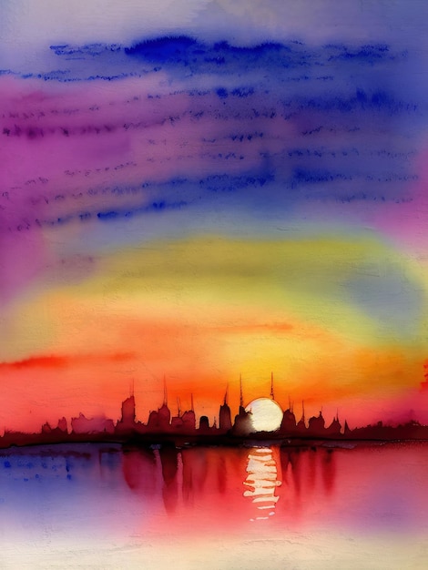 Foto pintura aquarela pôr do sol ilustração da paisagem