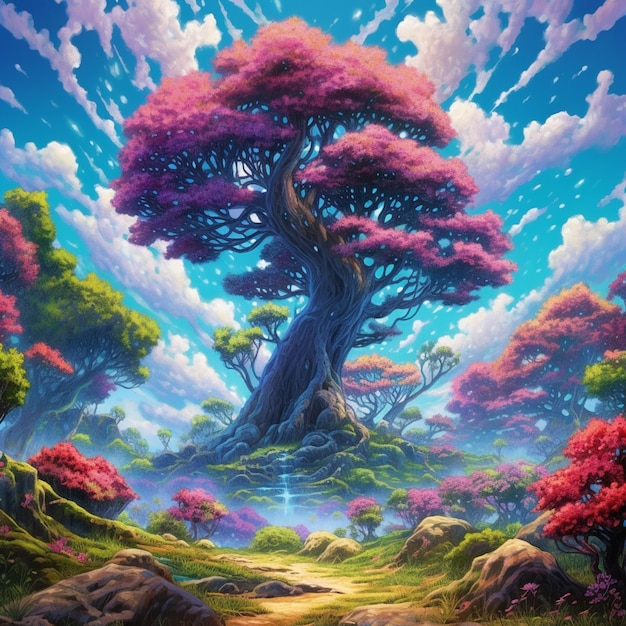 Una pintura de un árbol con un árbol morado en él.