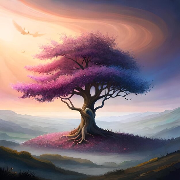 Una pintura de un árbol con un árbol morado en primer plano.