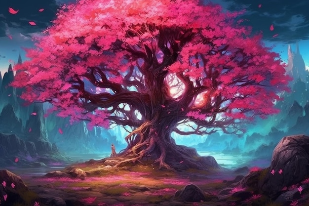 Una pintura de un árbol con un árbol rosa en el medio.